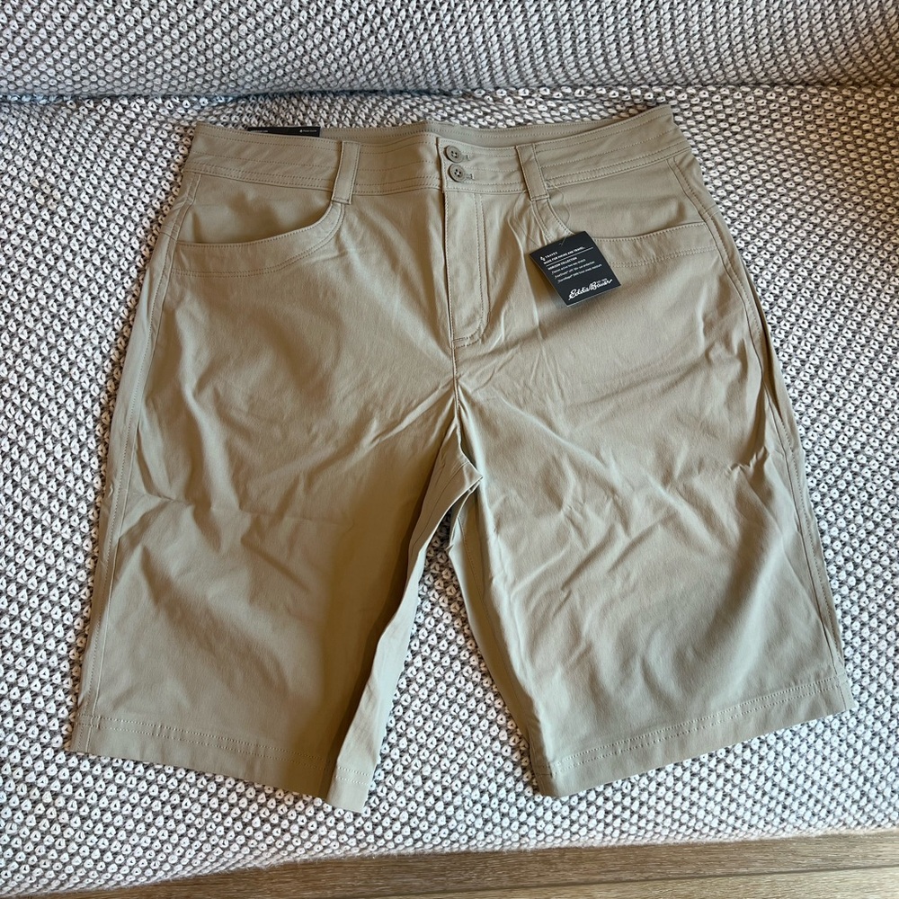Eddie Bauer Women's Slightly Curvy Stone / Tan colored Bermuda Shorts